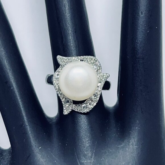Silver Tone Adjustable Ring With Faux Pearl & Rhinestone Accent (R439) - Picture 2 of 8